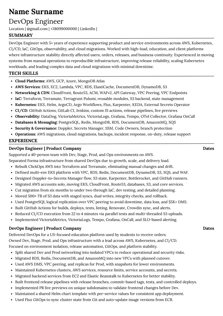 Resume after coaching: Senior DevOps Engineer