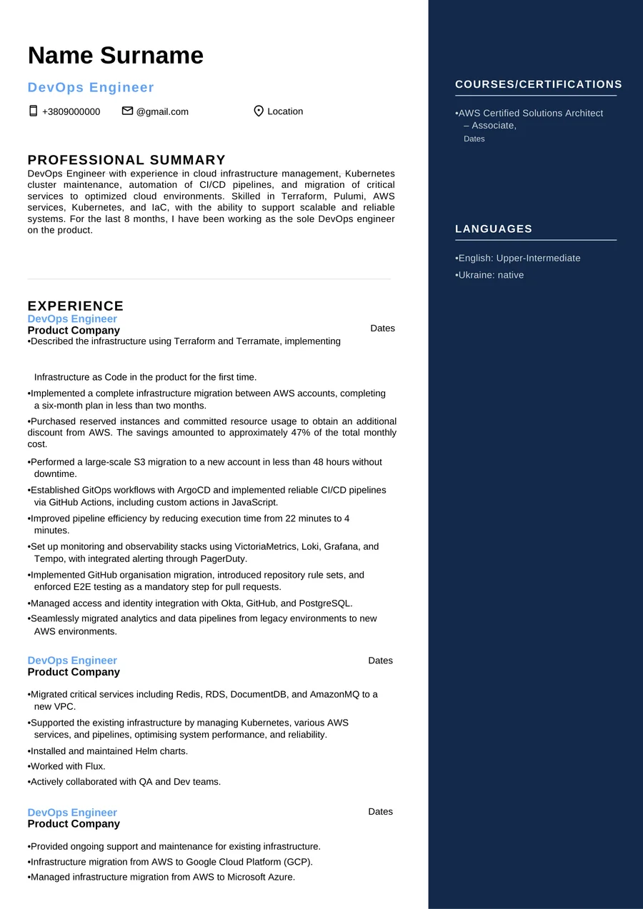 Resume before coaching: DevOps Engineer